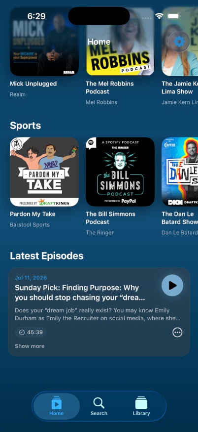 Home screen scrolled to Sports charts and a Latest Episodes card with a play button