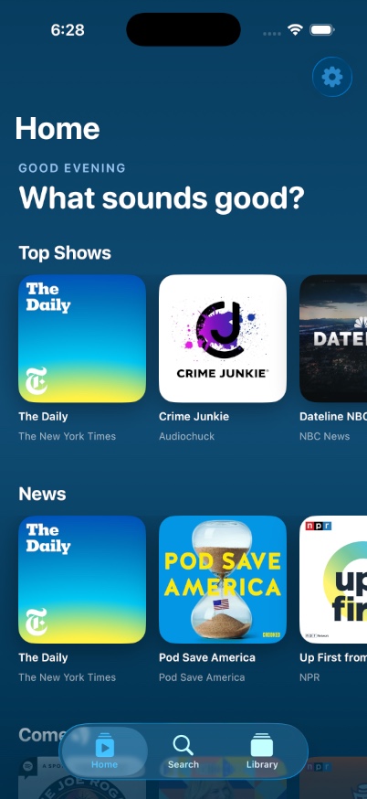 UnumPod Home screen greeting 'What sounds good?' with Top Shows and News carousels