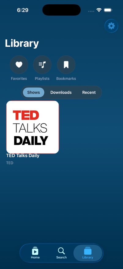 Library screen with Favorites, Playlists, and Bookmarks collections above Shows, Downloads, and Recent tabs