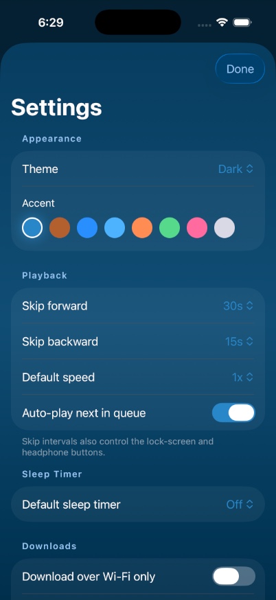 Settings screen showing theme picker, accent color swatches, skip intervals, speed, and sleep timer