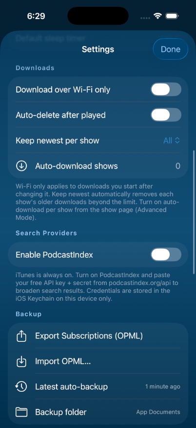 Settings screen showing download rules, PodcastIndex opt-in, and OPML backup controls with a recent auto-backup